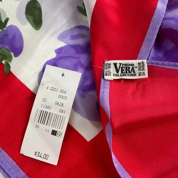 Vera Neumann Silk Scarf, 52x15 Oblong, Prima Vera Collection, Red Purple Pink - Picture 4 of 7